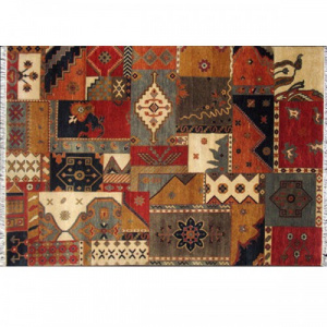 Patchwork 135 Multicoloured Red Gold Black Wool Rug in UK